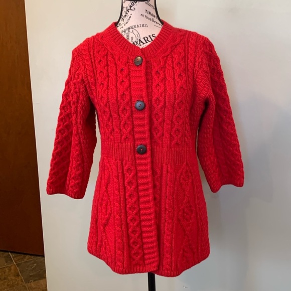 Kilronan Irish Merino Wool Red Fisherman Knit Cardigan Sweater Women’s Small - Picture 1 of 5